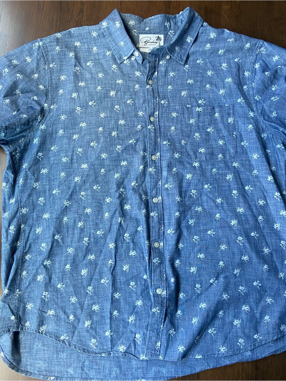 Bonobos Short Sleeve Shirt Mens XXL Blue Floral Print Slim Fit Chambray Casual